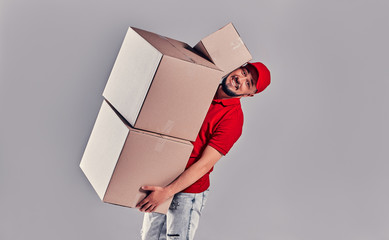 Man on gray background. Courier, Delivery Man.