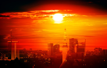 Fototapeta premium abstract red illustration with cityscape of Tallinn on sunset background