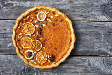 Sweet potato pie decorated with orange chips