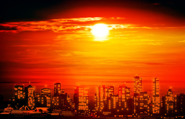 Fototapeta na wymiar abstract red illustration with cityscape of Vancouver on sunset background