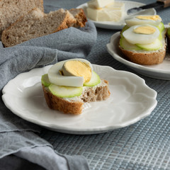 Healthy homemade sandwiches with vegetables and hard-boiled eggs