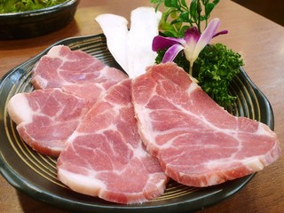 Top view of pork sliced on plate in the restaurant, fresh meat for grill or cooking