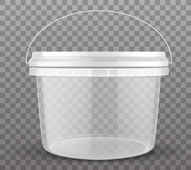 Clear plastic bucket closed by lid isolated on transparent background. Vector mockup of realistic 3d empty container for food, fresh products, ice cream © vectorpocket