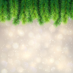 Fototapeta na wymiar Abstract Christmas Blurred Shining Bokeh Background with Border of Realistic Green Pine Branches.