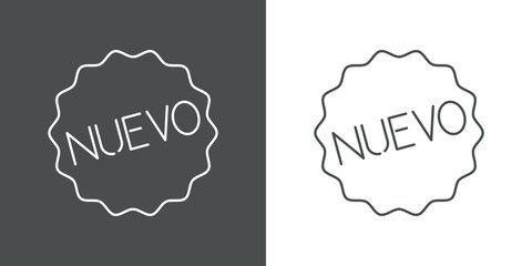 Icono plano lineal sello estrella con texto NUEVO en fondo gris y fondo blanco © teracreonte