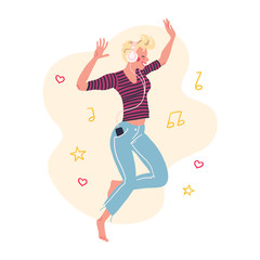 Young stylish short haired girl listening to music in headphones dancing isolated on white background. Flat cartoon style. Vector illustration.