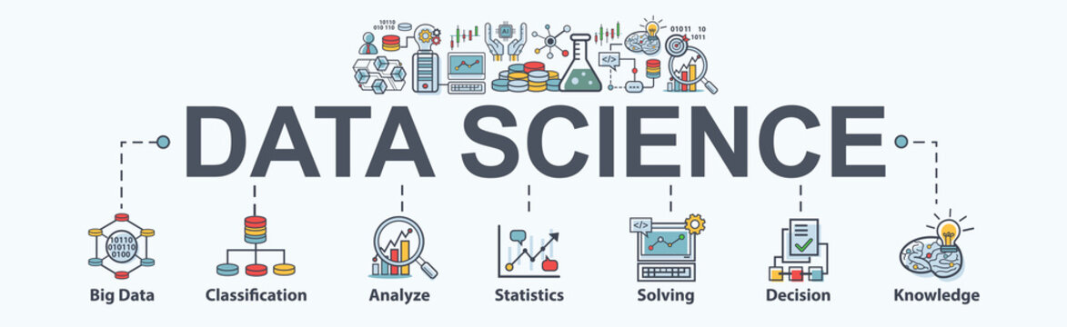 Data science banner web icon for Computer Science and insight, Ai, Big Data, algorithm, analyze, Statistic, knowledge, Deep and machine learning. minimal vector infographic concept.