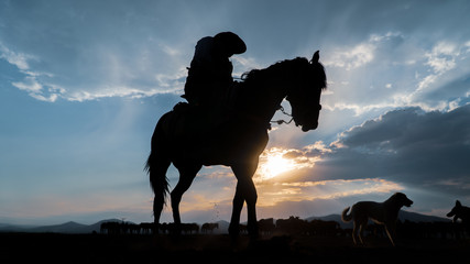 Silhouette of an unidentified man riding a horse in dusk