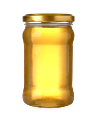 Jar with organic honey isolated on white