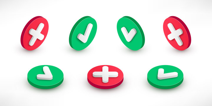 Checkmark Isometric Icon Set. 3d Tick Sign. Green Yes And Red No X Cross Check Mark Button With Shadow On White. Simple Mark Graphic Flat Design. Vector Illustration.