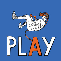 Boy playing a virtual reality game, he is zero gravity. Hand drawn vector illustration isolated on blue background. Great for design of posters, flyers, cards.