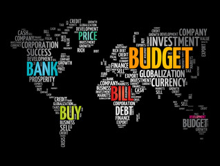 Fototapeta na wymiar Business and Invest word cloud in shape of world map, finance concept background