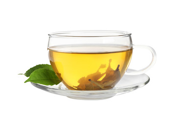 Cup of green tea and leaves isolated on white