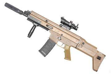 Assault rifle with silencer isolated on white background.