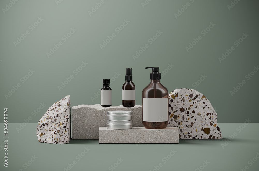 Poster minimal background for branding and packaging presentation. cosmetic bottle on random shape terrazzo