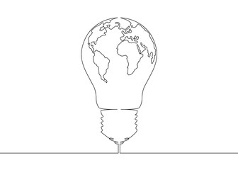 continuous line drawing light bulb symbol idea World map globe inside the lamp