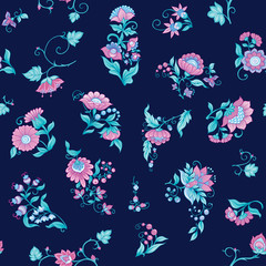 Fototapeta premium Tradition mughal motif, fantasy flowers in retro, vintage style. Seamless pattern, background. Vector illustration. On blue background