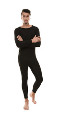 Man wearing thermal underwear isolated on white