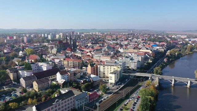 Flight over the city Kolin and Laba river. Czech Republic