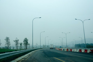 Low visibility rural view with dangerous haze and fog in Kuala Lumpur,Malaysia.
