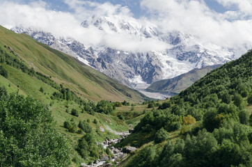 Fototapeta na wymiar Peak Shkhara Zemo Svaneti, Georgia. The main Caucasian ridge