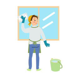 窓拭きをする男性