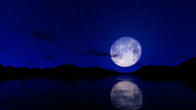 Full moon reflecting on water surface against starry sky and palm trees, camera fly, hd