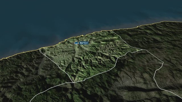 Bartın - province of Turkey with its capital zoomed on the satellite map of the globe. Animation 3D