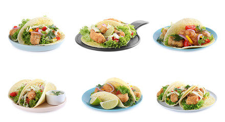 Set of delicious fresh fish tacos on white background