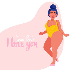 Body positive vector illustration. Happy overweight girl in flat style.