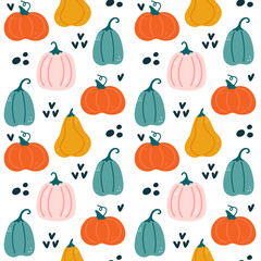 Autumn, harvest, pumpkin cartoon seamless pattern design, vector illustration. Hand drawn style.