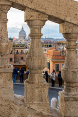 Rome, Italy, Lazio Region abstract blurred city view behind stone stairway balusters