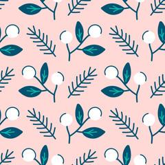 Leaves and berries seamless pattern design, vector illustration. Hand drawn style.