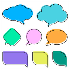 Text bubbles, vector illustrations. Set of bubble templates for text messages with different shapes. Colorful cartoon stickers isolated on the white background.