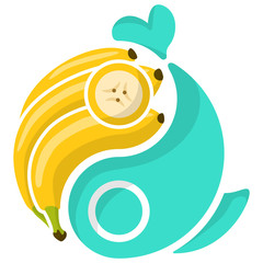 Banana and Fish symbol in Ying Yang shape on the white background