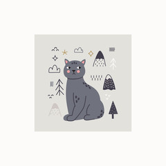  Cat, trees and abstract elements vector print. Ideal for children book, cloth print, covering book design.