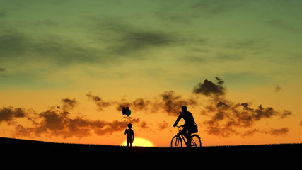 Fototapeta na wymiar Man With Bicycle Silhouette at Sunset 3D Rendering