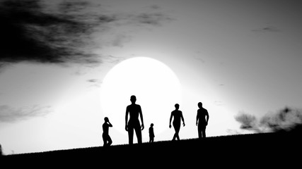 People Silhouette at Sunset 3D Rendering