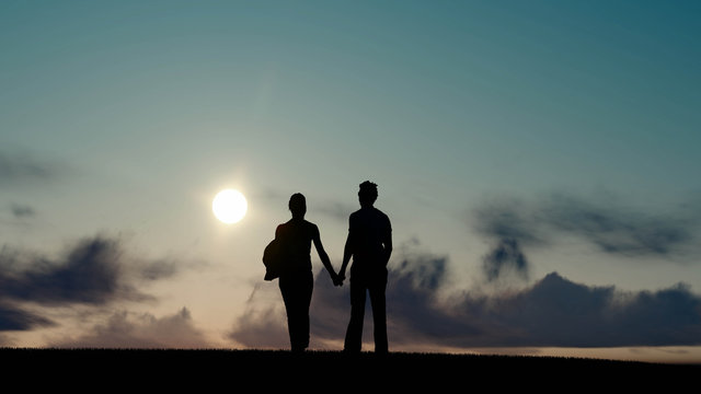falling in love silhouette at sunset 3D Rendering