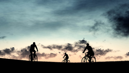 Fototapeta premium Man With Bicycle Silhouette at Sunset 3D Rendering