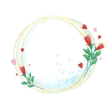 A frame of golden intersecting rings decorated with stylized rose buds, sparkles and hearts. Form for text or photo on a white photo with a delicate watercolor texture.