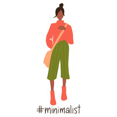 Vector girl in a flat style. Young woman with bag dressed in trendy clothes.