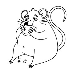 coloring pages doodle style. Fat rat eat cheese. Vector illustration