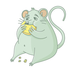 Cartoon fat rat eating tasty cheese. Vector illustration