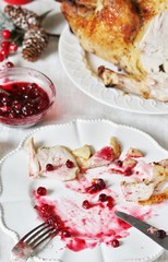 dirty dishes in the Christmas after eating turkey with cranberry sauce. leftover food after the holiday.dirty dishes after christmas. holiday leftovers