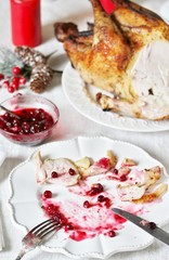 dirty dishes in the Christmas after eating turkey with cranberry sauce. leftover food after the holiday.dirty dishes after christmas. holiday leftovers