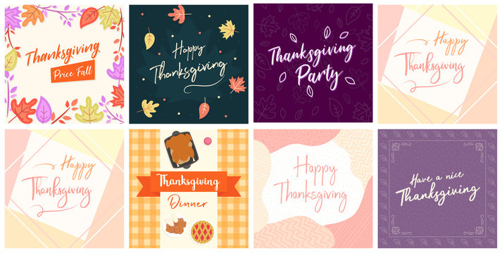 Thanksgiving Background Flyer Banner poster template vector illustration Autumn holiday greeting card set pack
