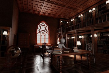 3D Render of Character in Old Library