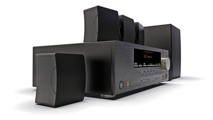 Black DVD receiver and home theater system with speakers and subwoofer. 3d illustration.