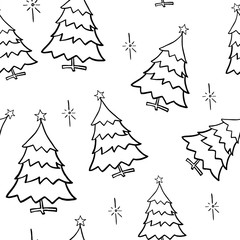 Christmas tree doodle pattern. Hand drawn fir trees on transparent backdrop. Seamless vector background. Winter elements for design. Winter theme. Christmas and New Year